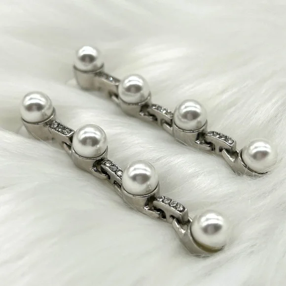 Gorgeous KJL Kenneth Jay Lane Long Silver Tone Pearl Cubic Zirconia CZ Earrings - Picture 4 of 14